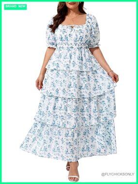 Plus Size Floral Milkmaid Maxi Dress with Puff Sleeves